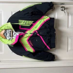 Woman’s Ski Jacket. Multi colored: black, hot pink, lime green. Raglan sleeves